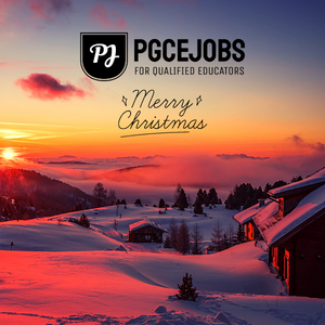Merry Christmas from PGCE Jobs Austria snow, snowscape Christmas hut with sunset